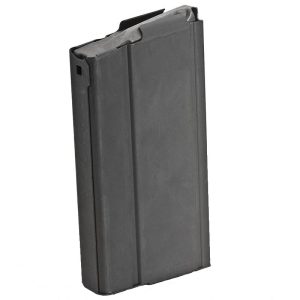 Black metal ammunition magazine for firearms on a white background.