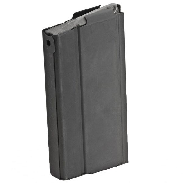 Black metal ammunition magazine for firearms on a white background.