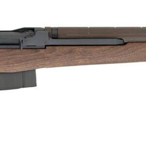 Wooden rifle with black metal barrel and components, featuring a perforated muzzle brake.