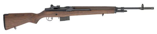 Wooden rifle with black metal barrel and components, featuring a perforated muzzle brake.