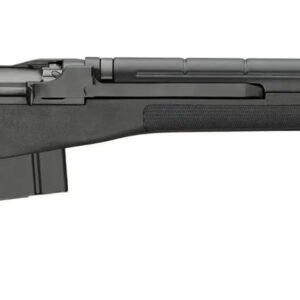 A black semi-automatic rifle with a long barrel and a matte finish, featuring a textured grip and adjustable sights.