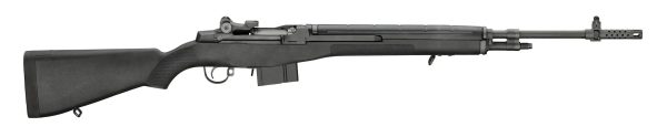 A black semi-automatic rifle with a long barrel and a matte finish, featuring a textured grip and adjustable sights.