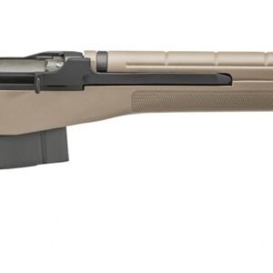 Tan semi-automatic rifle with a black barrel and stock, featuring a textured grip and short magazine.