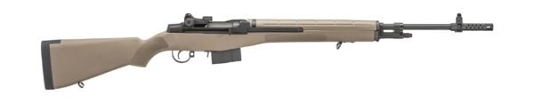 Tan semi-automatic rifle with a black barrel and stock, featuring a textured grip and short magazine.