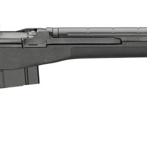 A black semi-automatic rifle with a textured grip, adjustable sights, and a detachable magazine, displayed on a white background.