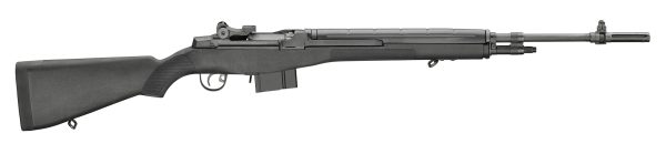 A black semi-automatic rifle with a textured grip, adjustable sights, and a detachable magazine, displayed on a white background.