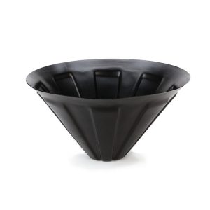 Black plastic funnel with a ridged exterior.