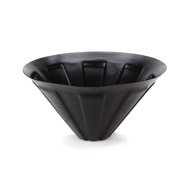 Black plastic funnel with a ridged exterior.