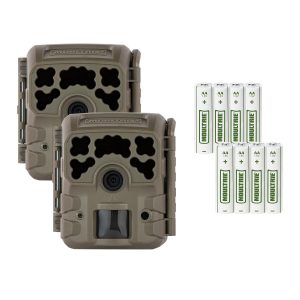 Two olive green trail cameras with decorative cutouts, accompanied by sets of eight AA Moultrie batteries.