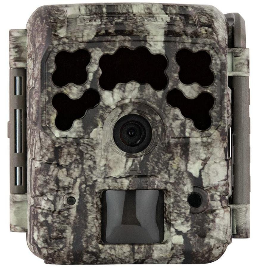 Camouflage-patterned trail camera with multiple sensor windows and a central lens.