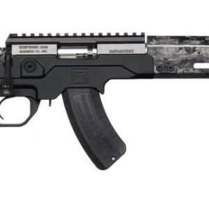 Black and gray camo bolt-action rifle with a textured grip and extended handguard.