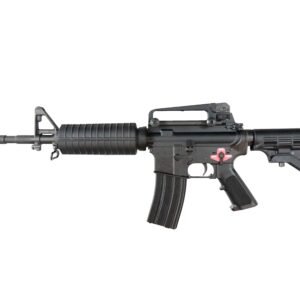 Black assault rifle with a textured handguard, detachable carry handle, and adjustable stock on a white background.