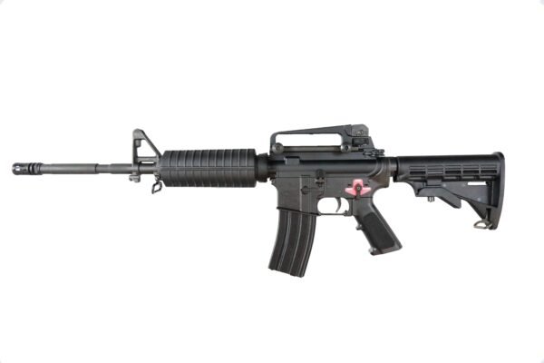 Black assault rifle with a textured handguard, detachable carry handle, and adjustable stock on a white background.