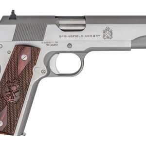 A silver and gray semi-automatic pistol with a brown textured wooden grip, featuring springfield armory branding.