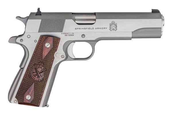 A silver and gray semi-automatic pistol with a brown textured wooden grip, featuring springfield armory branding.