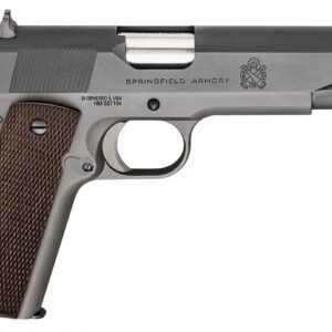 A silver and black springfield armory handgun with a textured brown grip.