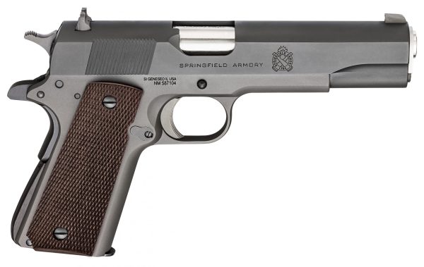 A silver and black springfield armory handgun with a textured brown grip.