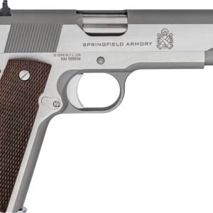 Silver and gray springfield armory handgun with brown textured grip.