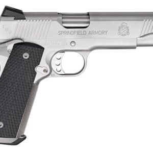 Silver springfield armory pistol with black textured grip, showing detailed engravings and a protruding trigger.