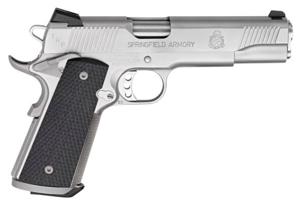 Silver springfield armory pistol with black textured grip, showing detailed engravings and a protruding trigger.