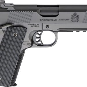 A black and silver springfield armory handgun with textured grip and rail, showcasing side view detail.