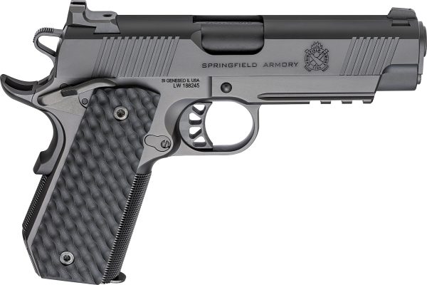 A black and silver springfield armory handgun with textured grip and rail, showcasing side view detail.