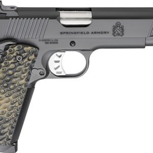 Silver and black springfield armory pistol with textured dark scallop-patterned grip.