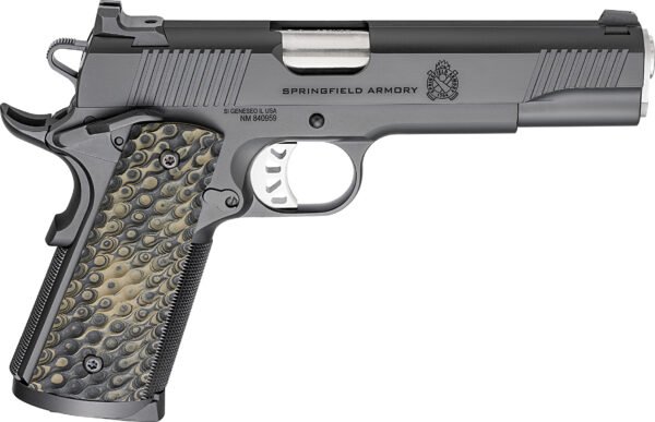 Silver and black springfield armory pistol with textured dark scallop-patterned grip.