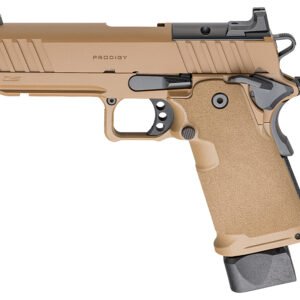 Tan handgun with textured grip and black accents, featuring "prodigy" text on the slide.