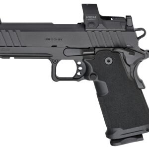 Black handgun with textured grip and red dot sight, labeled "prodigy. "