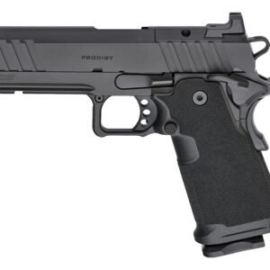 Black prodigy ds handgun with textured grip and tactical rail, featuring a matte finish and fiber optic sights.