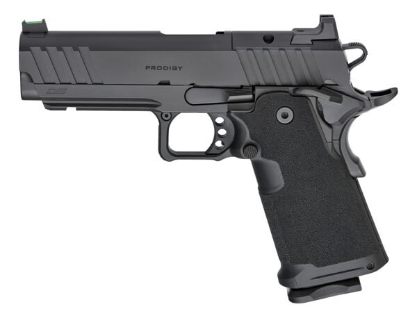 Black prodigy ds handgun with textured grip and tactical rail, featuring a matte finish and fiber optic sights.