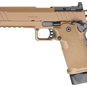 Tan semi-automatic pistol with textured grip and matte finish, featuring a sleek slide and dark gray accents.