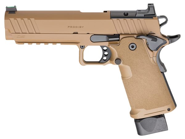 Tan semi-automatic pistol with textured grip and matte finish, featuring a sleek slide and dark gray accents.