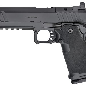 Black pistol with textured grip and serrated slide, featuring "prodigy" engraving on the barrel.