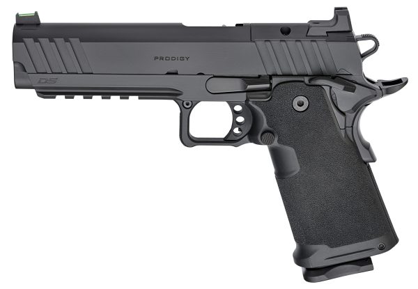 Black pistol with textured grip and serrated slide, featuring "prodigy" engraving on the barrel.