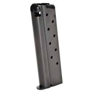 Steel firearm magazine with black finish and round indicator holes, suitable for use in guns; associated with firearms and ammo in casey, iowa.