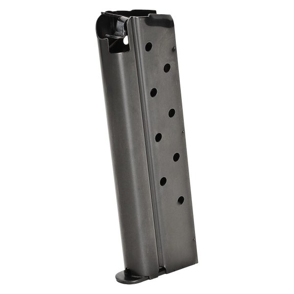 Steel firearm magazine with black finish and round indicator holes, suitable for use in guns; associated with firearms and ammo in casey, iowa.