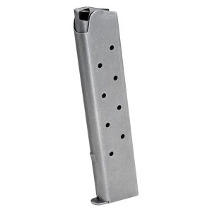 Silver firearm magazine with multiple rounded holes, isolated on a white background.