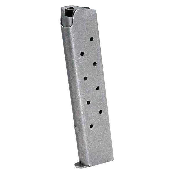 Silver firearm magazine with multiple rounded holes, isolated on a white background.