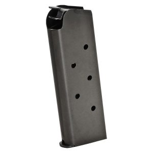 Black pistol magazine with multiple round indicator holes against a white background.