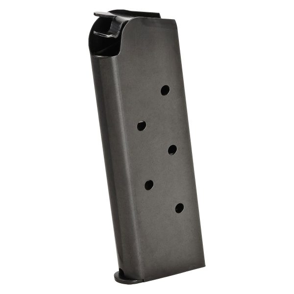 Black pistol magazine with multiple round indicator holes against a white background.