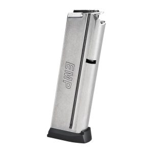 Silver firearm magazine with "emp" engraved, black base plate.