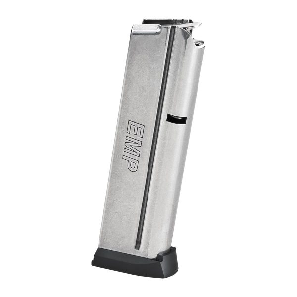 Silver firearm magazine with "emp" engraved, black base plate.