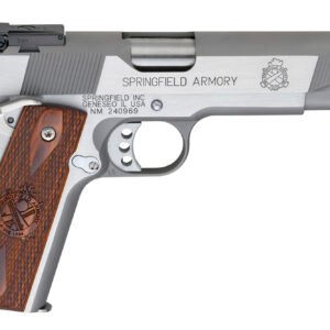 Stainless steel springfield armory handgun with brown wooden grip featuring checkered texture and engraved emblem.