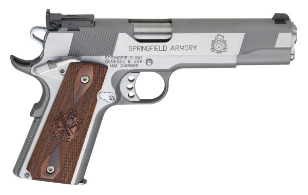Stainless steel springfield armory handgun with brown wooden grip featuring checkered texture and engraved emblem.
