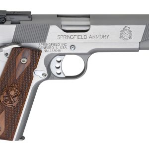 Silver springfield armory pistol with brown textured grip, featuring engraved logo and detailed trigger, side view.