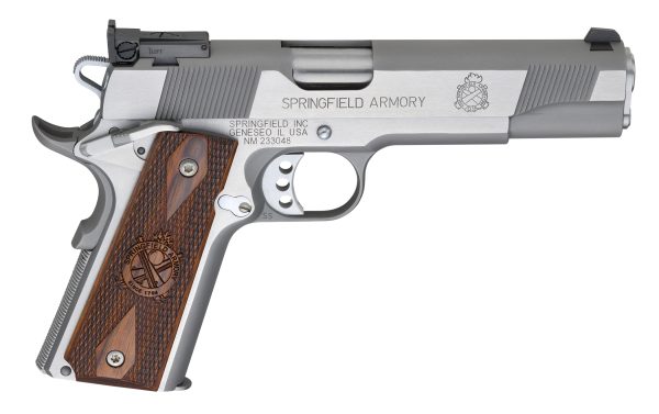 Silver springfield armory pistol with brown textured grip, featuring engraved logo and detailed trigger, side view.