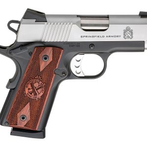 Springfield armory handgun with silver slide and black frame, featuring wooden grips with engraved logo.