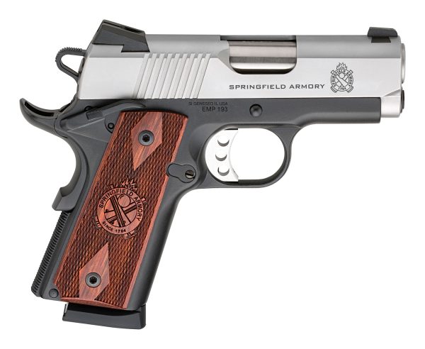 Springfield armory handgun with silver slide and black frame, featuring wooden grips with engraved logo.